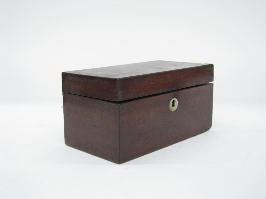Mahogany English Tea Caddy: Mahogany English tea caddy, divided interior with lids, mother-of-pearl escutcheon