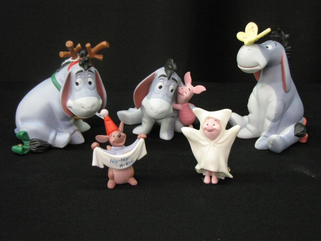 Five Pooh Porcelain Figurines: Five Pooh Porcelain Figurines including: "Oh Cheer, Cheer, It's that Time of Year", "So Glad You Happened Along", "Everything's Better Together", "Pooh's the Scariest one of All", "Hiparoo to You", 2-