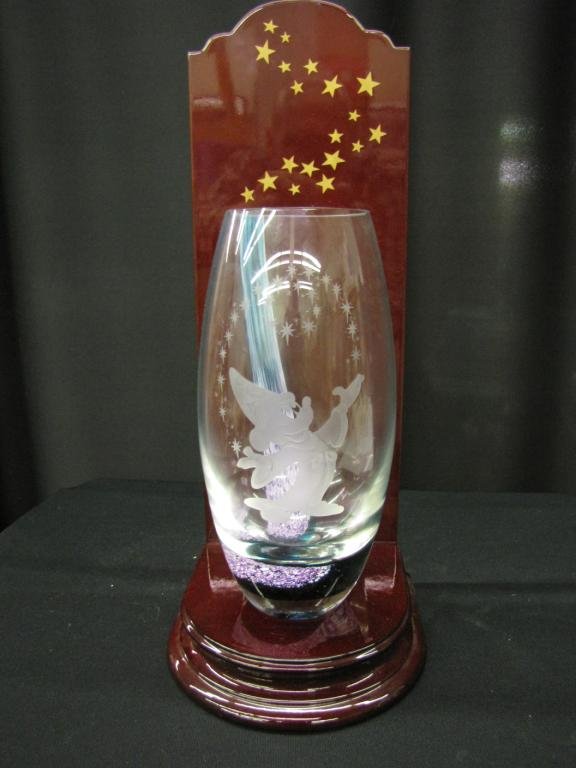 Lenox Fantasia Crystal Vase with Stand: Lenox Fantasia Crystal Vase with Stand: etched with Mickey Mouse and Fantasia scene, with wooden stand, 10" tall vase, 17" tall stand, with original box