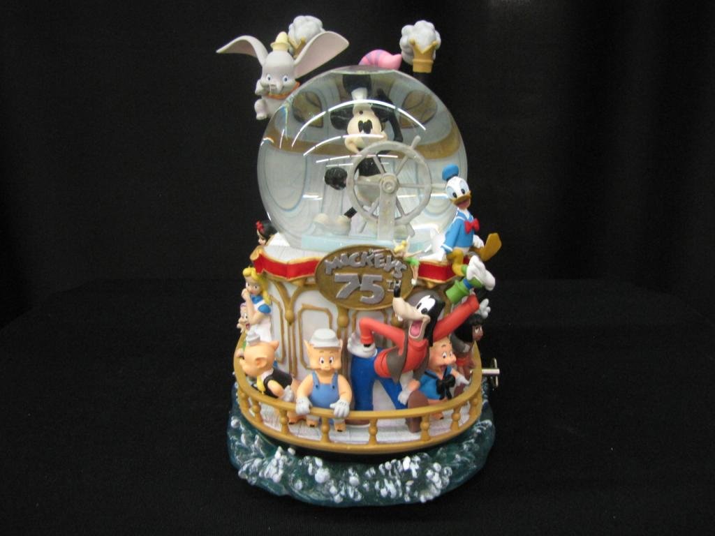 Disney Snow Globe: Disney Snow Globe featuring various Disney characters on paddle steamer for Mickey's 75th Anniversary, 10" tall, with original box