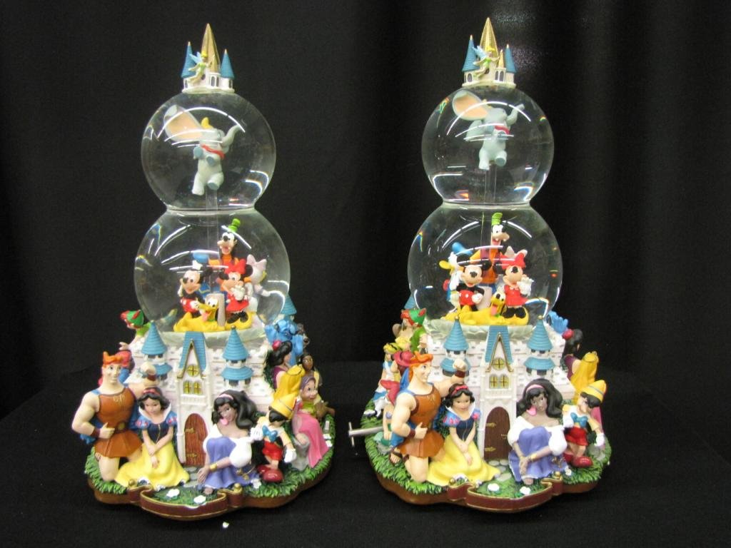 Set of Two Disney Snow Globes: Set of Two Disney Snow Globes depicting various Disney characters, double globes, 14" tall, with original boxes