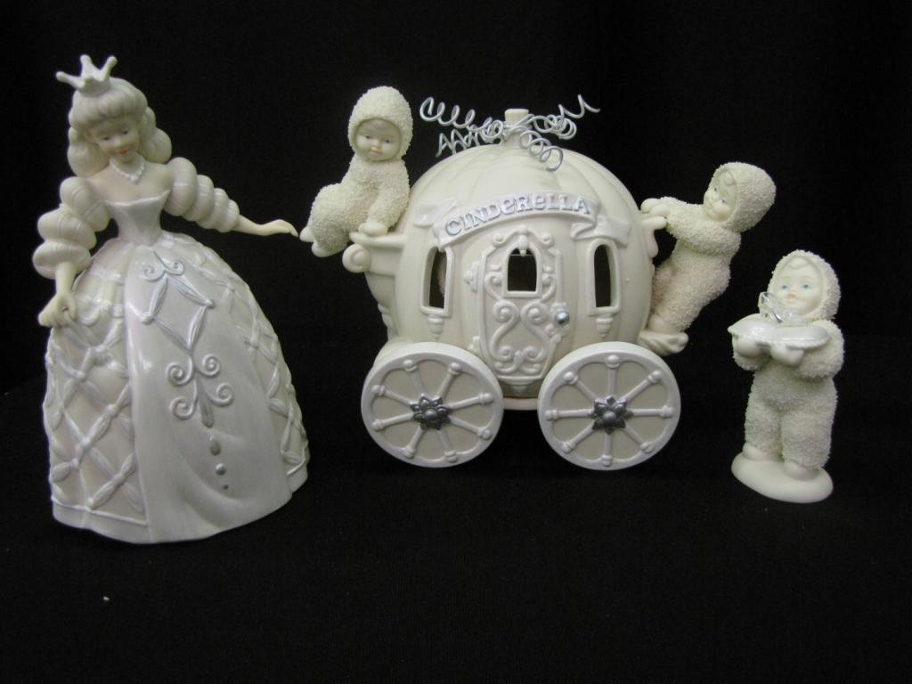 Set of Cinderella Snowbabies: Set of Cinderella Snowbabies including Cinderella, snowbaby holding glass slipper, and pumpkin carriage with three snowbabies, 4-7" tall, with original boxes