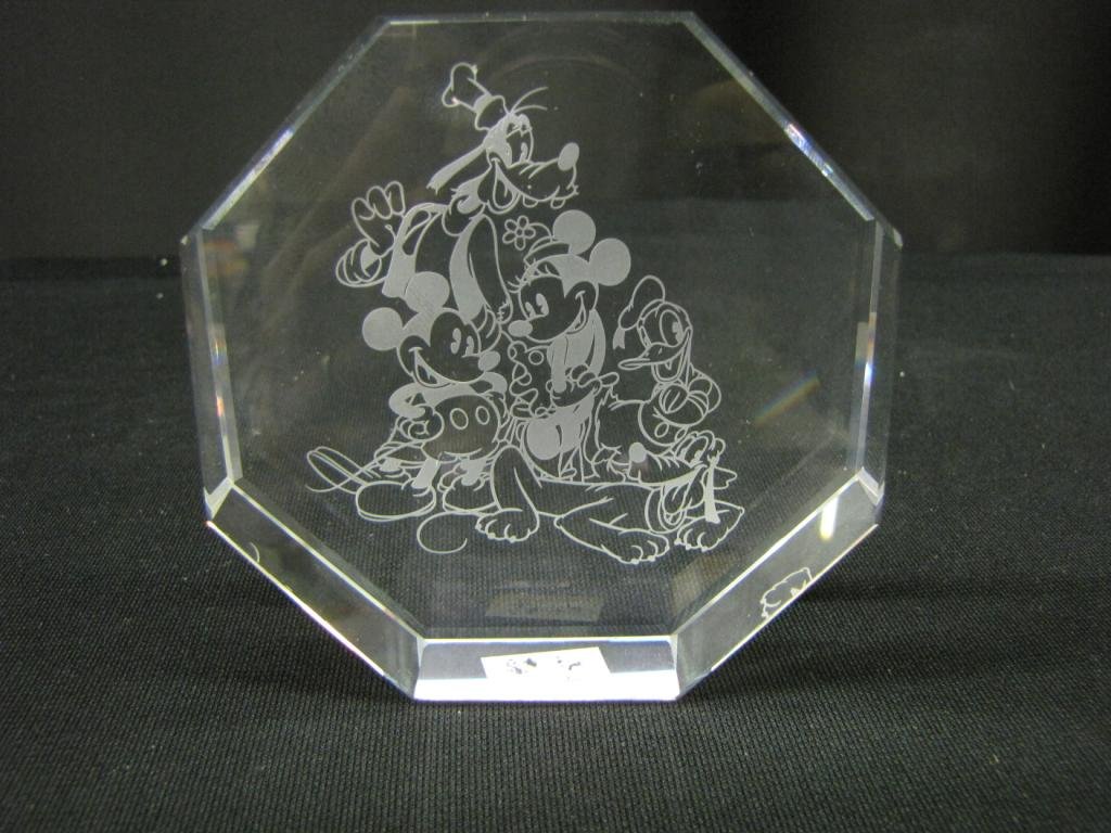 Etched Glass Disney Paperweight: Etched Glass Disney Paperweight depicting: Mickey, Minnie, Pluto, Goofy, and Donald Duck, 4" tall, with original case