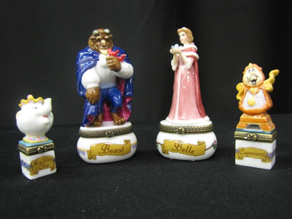 Four Disney Hinged Boxes: Four Disney Hinged Boxes depicting: Belle, the Beast, Cogsworth, and Mrs. Pots with Chip, 2-4" tall, with original boxes
