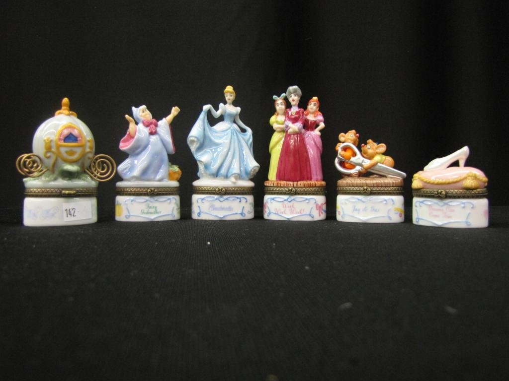 Set of Six Disney Porcelain Hinged Boxes: Set of Six Disney Porcelain Hinged Boxes including: "Dreams can Come True", "Tag and Gus", "Bippedy Boppedy Boo", Fairy God Mother, Cinderella, and "Work, Work, Work", 2-4" tall, without original boxe