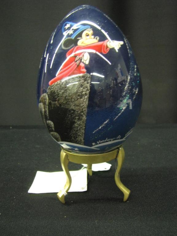 R. Vandergrift Disney Glass Egg: R. Vandergrift Disney Glass Egg depicting scene from Fantasia, #128/500, with stand, without original box