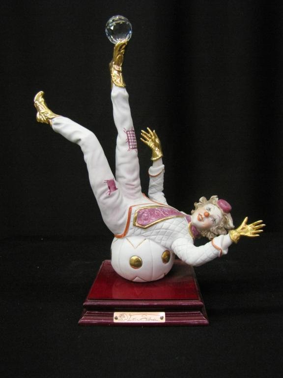 Vittorio Sabadin porcelain Figurine: Vittorio Sabadin porcelain Figurine depicting Clown juggling with foot, 13" tall, without original box
