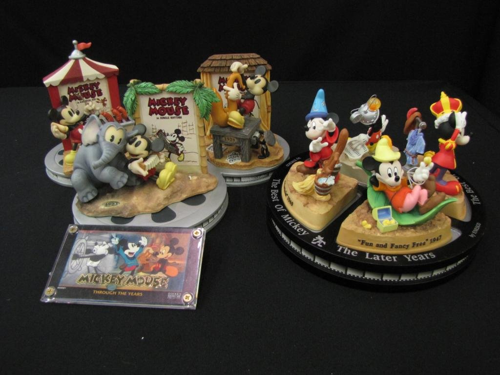 Disney Porcelain Figural Groupings with COA: Disney Porcelain Figural Groupings including: "Mickeys Follies", "Jungle Rhythm", "Karnival Kid", "Fantasia", "Fun nd Fancy Free", "Prince and the Pauper", "Runaway Brain", 4-6" tall, with original bo