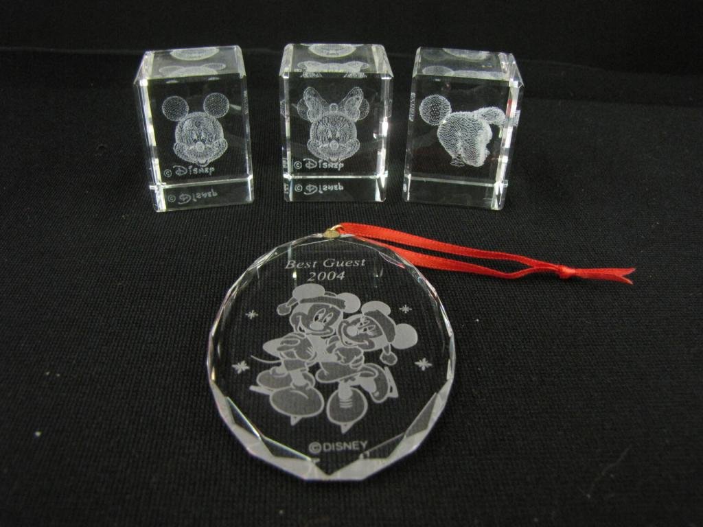 Three Royal Tenement Cubes with Ornament: Three Royal Tenement Cubes with Ornament, Cubes depicting: Mickey, Tinker Bell, and Minnie, ornament entitled "Best Guest 2004", cubes 2x1x1", ornament 3" tall, with original boxes