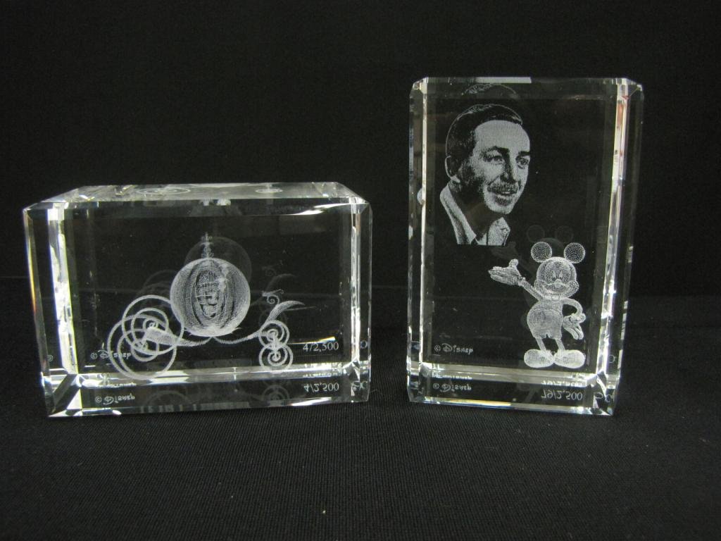 Two Walt Disney Crystal Cubes: Two Walt Disney Crystal Cubes depicting: Cinderella's Pumpkin Coach and Portrait of Walt Disney with Mickey, 5x3x3", with original boxes