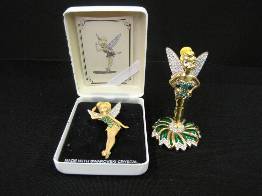 Swarovski Disney Tinker Bell Pin and Figurine: Disney Tinker Bell Pin and Figurine, Swarovski Crystal, Arribas Brothers, 3" tall, with original cases