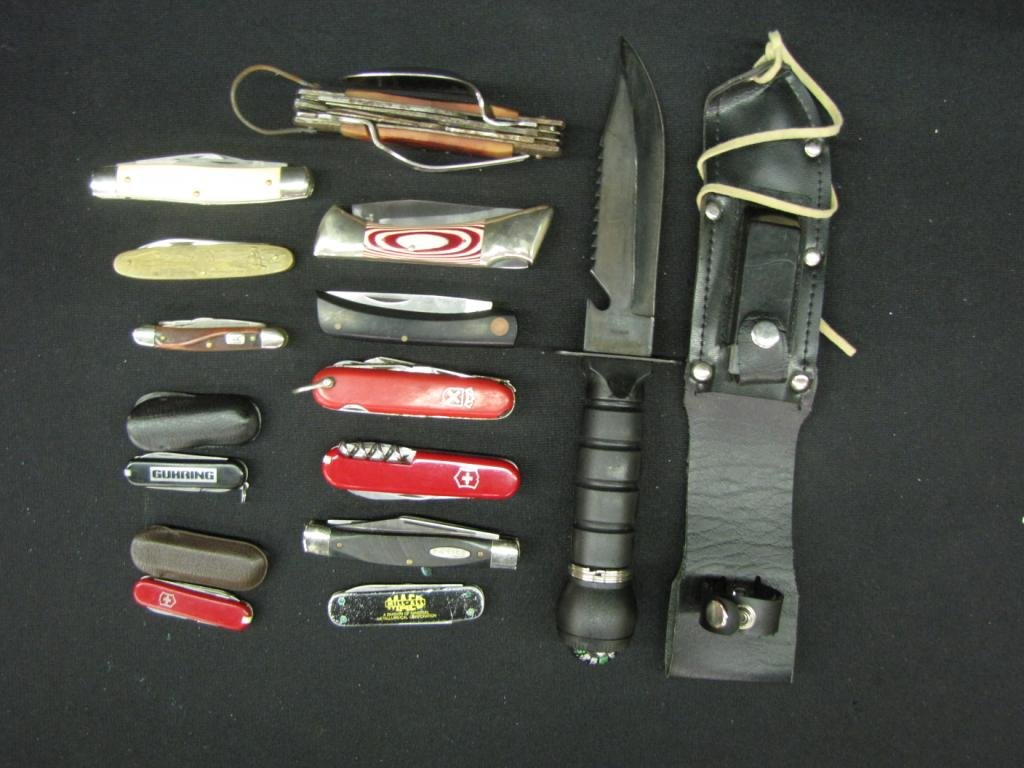 Group of Thirteen Knives: Group of Thirteen Knives including: One Swiss Army knife, eleven assorted pocket knifes, and large survival knife with compass in hilt, whet stone, sheath, and accessories, 3-12" long