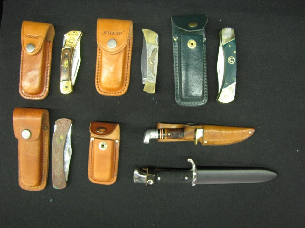 Six Knives with Sheaths: Six knives with Sheaths including: 4 Jack knives with leather sheaths, German boot knife with metal sheath, Western cutlery knife and sheath, and extra sheath, 4-10" long