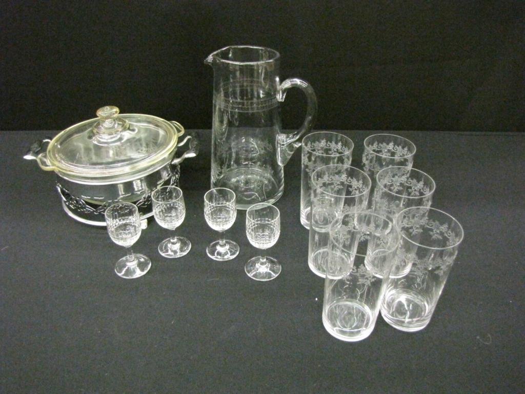 Group of Vintage and Antique Glass: Group of vintage and antique glass including: Four desert wine glasses, six hi-ball glasses, glass pitcher, and one Pyrex casserole with metal carrier