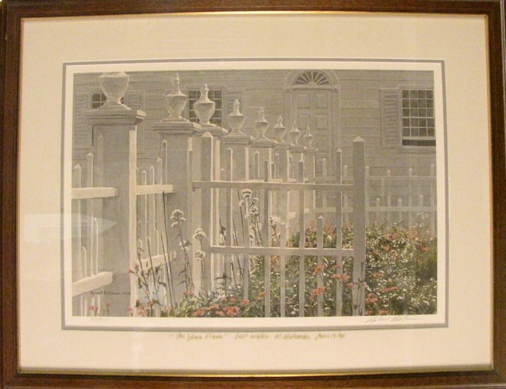 Robert Bateman Signed Lithograph: Robert Bateman Signed Lithograph depicting residential home with flowers and white fence, #83/950, famed 25.5x32.5
