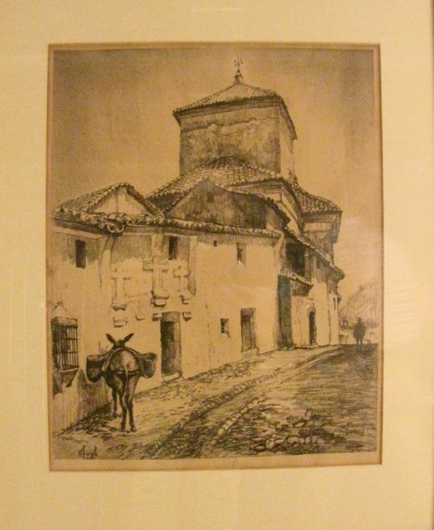 H. Leigh (Unknown) 19.25x15.25 Pencil Untitled: H. Leigh (Unknown) 19 x 15 Pencil on paper, Untitled depicting: animal burrow on cobblestone path outside of church, framed 27.5x22.5