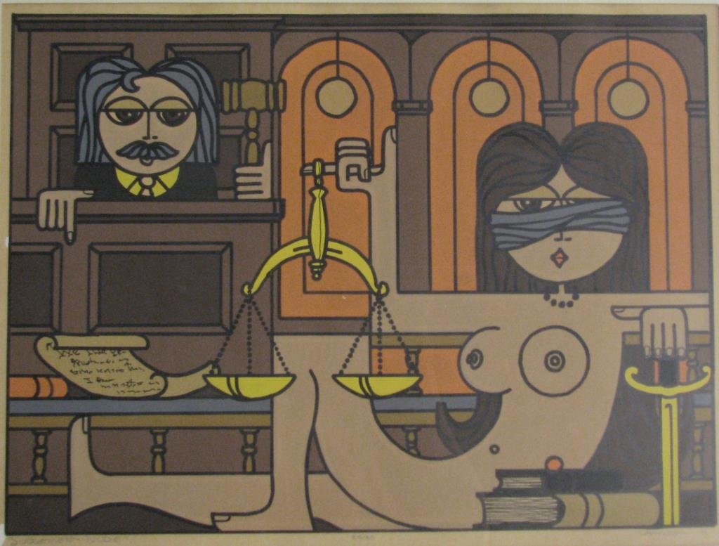 James Hugh Lamson Limited Edition Print: James Hugh Lamson limited edition print, #24/30, entitled "Judgement Nudie", signed and dated 1974 in pencil lower right margin, size as framed 19.25 x 23.25