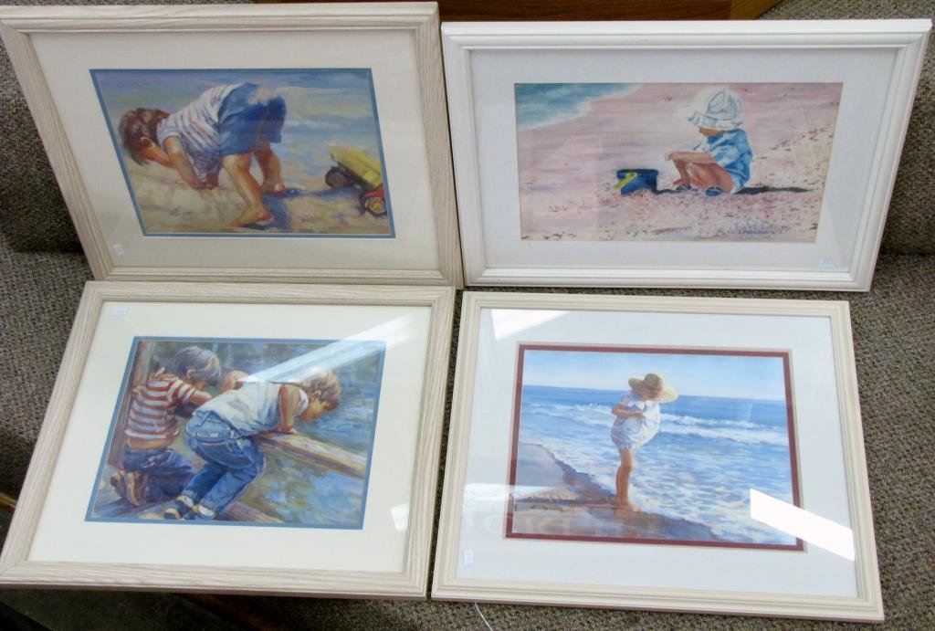 Group of Four Framed Prints, Children: Group of four framed prints, all depicting children at play, all in light finish frames, all approximately 17.5" x 20.5" framed dimensions, one signed L Palinchak, one signed Laurie Snow Hein, and two