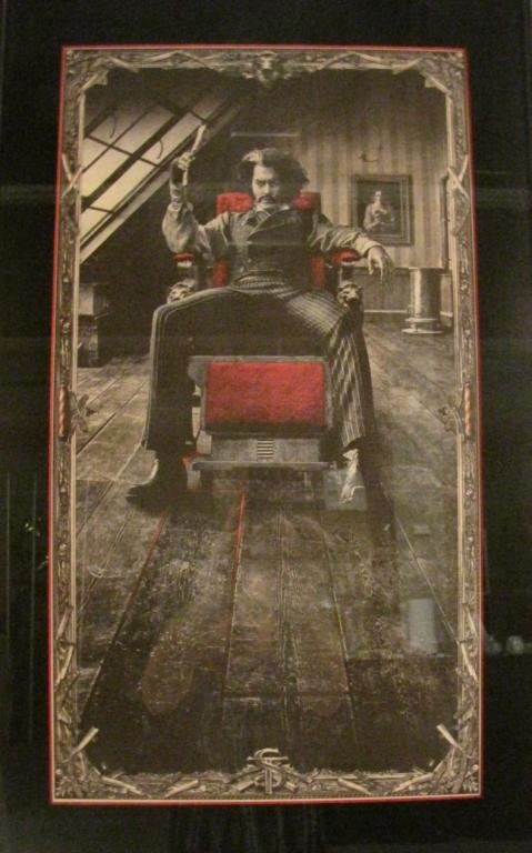 Three Framed Prints: Three Framed Prints including: one Sweeney Todd from movie in barbers chair with razor (framed 25x15.5) and two illegibly signed astral fantasy prints (framed 12.16, 16x20) (Sweeney Todd has moustache