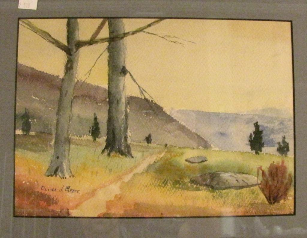 Oliver J Erbse 8.25x11.5 WC Landscape: Oliver J Erbse (Unknown) 8.25x11.5 WC Untitled Depicting fall landscape with hills in background, framed 13x16