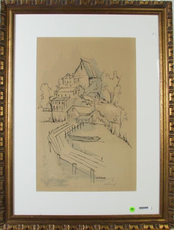 Ellen Diamond Lithograph, The Boat House: Ellen Diamond (American, Contemporary) lithograph, pencil signed and signed in plate lower right, depicting a boat house and dock, image size 22.25 x 14.5, size as framed 33.5 x 25