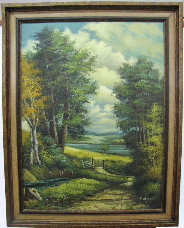 R. Wagner 40x30 O/C Rural Landscape: Decorator oil painting signed R. Wagner (unknown), Rural Landscape with stream, dirt path, and gate in summer, as framed 47x37