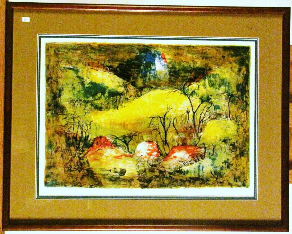 Two Signed, Limited Edition Prints: Two Signed Prints including: Hoi limited edition signed print depicting desert landscape #144/275, framed 23x29; and Sarajini Jha Johnson signed intaglio print entitled, "Elephants" #1/10, framed 26.2