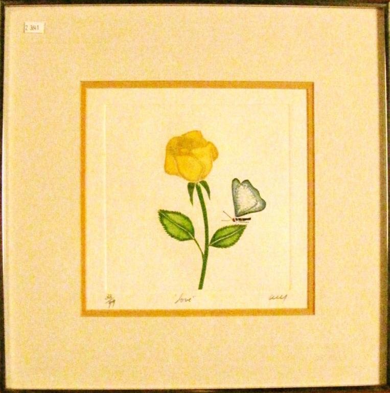 Two, Items-Painted Engraving and Wax Resist: Two art items, including a Painted Engraving Amy's "Love" #38/99, framed 16x16, and Wax Resist by Kate Cunningham, entitled "Snow Queen", framed 8.5x7