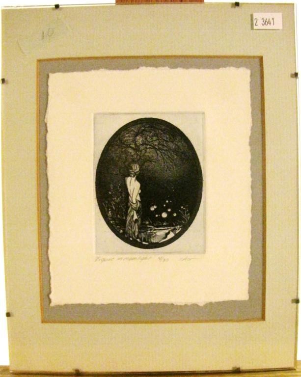 Two Signed Etchings: Two Signed Etchings including Cher Waldrop's "Figure in the Moonlight" #2/30, 10x8, and Frank Bower's "Faces", 24x8.5