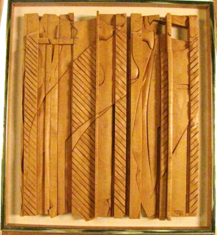 Nathan Taves 13.5x11.5 Carving "Giraffe Strides": Nathan Taves 13.5x11.5 Carving "Giraffe Strides", framed 15.25x15.5, abstract interpretation of giraffe