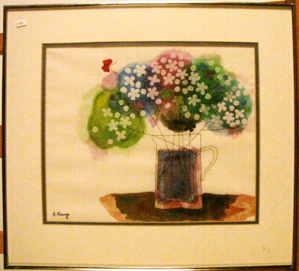 Helen Kang, Kenneth Preston, Flowers, Collage: Helen Kang 12.5 x 15 mixed media, depicting cloth flowers with butterfly overlay, framed 19.5x21.25; and Kenneth Preston mixed media. entitled "Night Light Band"depicting decorated cloth bands, 33.5x2