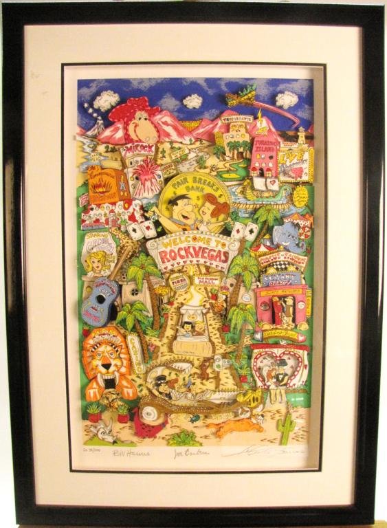 Charles Fazzino Limited Edition 3D Art Print: Charles Fazzino Limited Edition 3D art print, entitled "The Flintstones Break Rock Vegas", edition DX 38/200, signed by Bill Hanna and Joe Barbera, with C of A, size as framed 35 x 25