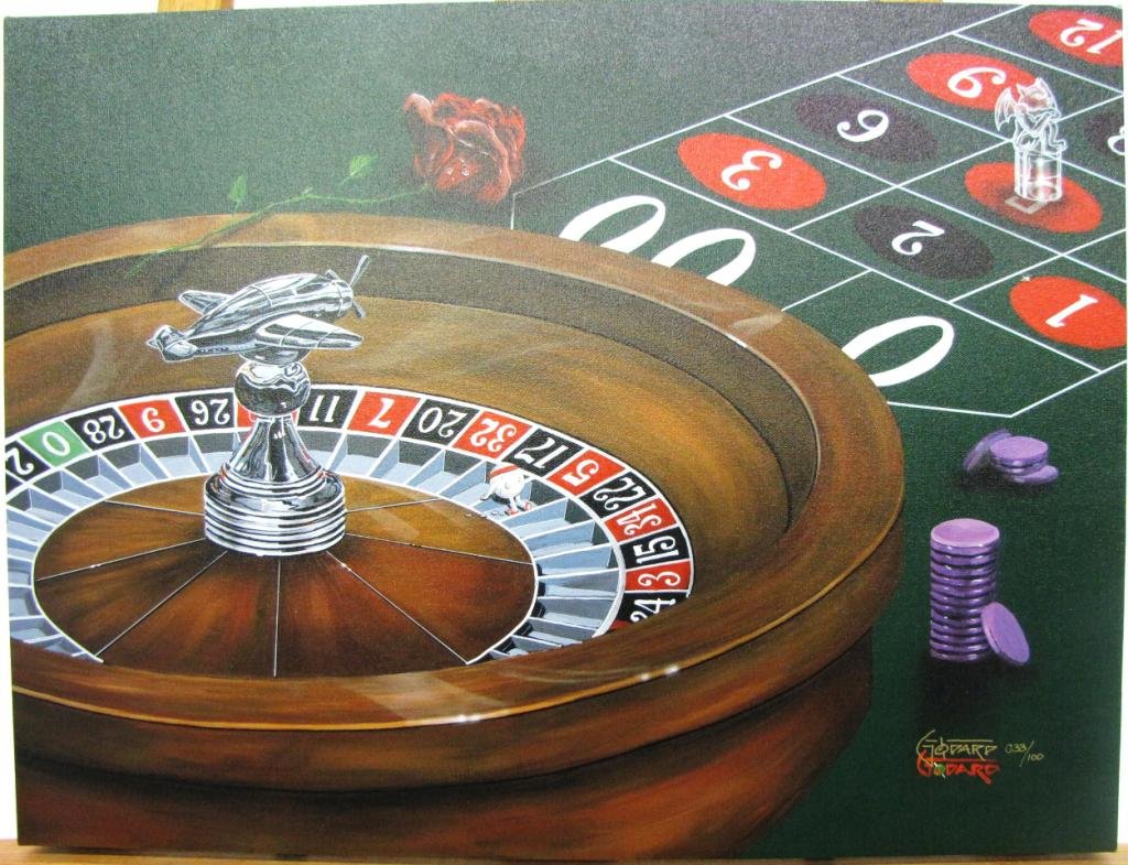 Michael Godard Signed Giclee, "Rose Roulette": Michael Godard entitled "Rose Roulette" Giclee, depicting roulette wheel on gambling table with rose and purple chips, unframed 17.75x23.25, #33/100, with C of A