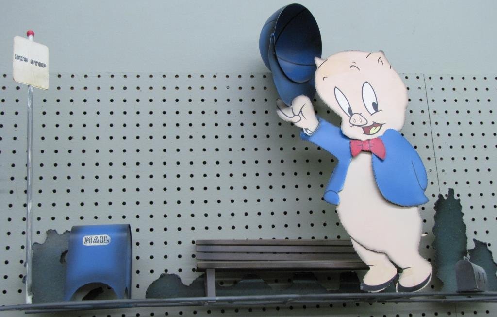 Curtis Jere Cast Metal Sculpture, Looney Tunes: Curtis Jere cast metal sculpture, Looney Tunes, depicting Porky Pig at Bus Stop