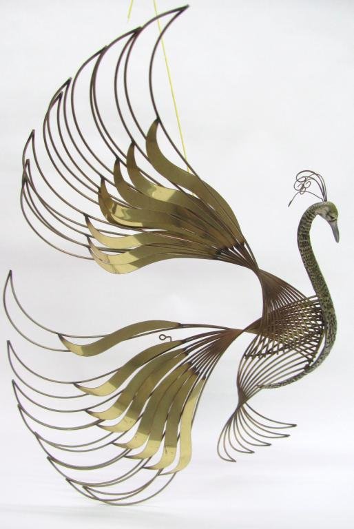 Curtis Jere Signed Hanging Sculpture: Curtis Jere Signed Hanging Sculpture depicting brass Peacock, 46' tall (Rust and corrosion on piece)