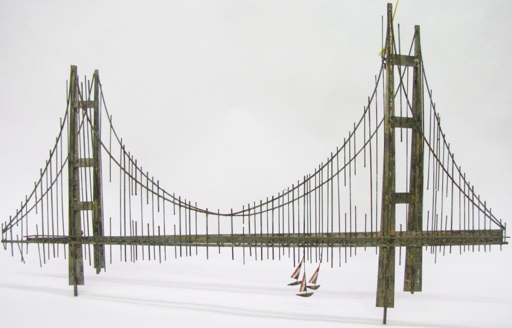 Curtis Jere Signed Hanging Sculpture, Golden Gate: Curtis Jere Signed Hanging Sculpture depicting golden gate bridge with three sailboats, 1970, 58" Wide X 32" H (rust and corrosion across piece)