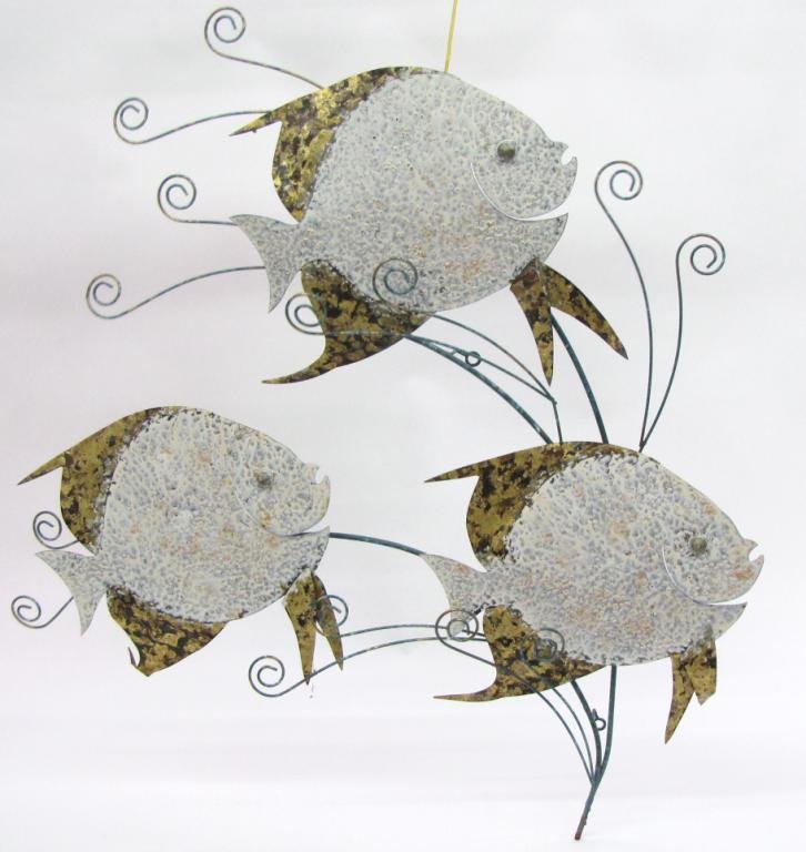 Curtis Jere Signed Hanging Sculpture: Curtis Jere Signed Hanging Sculpture depicting three fish with white paint and brass, 1990, 40"x33 (Rust spots on body and fins)