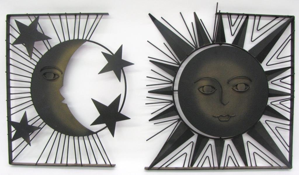 Curtis Jere Signed Hanging Sculpture: Curtis Jere Signed Hanging Sculpture depicting sun and moon, metal, 41x26, 1996