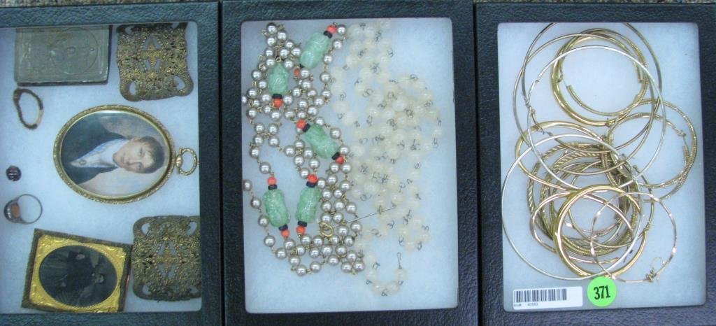 Group of Vintage Costume Jewelry: Group of vintage costume jewelry, including gold filled bracelets, bead necklaces, antique hair clips and other items, with three display cases