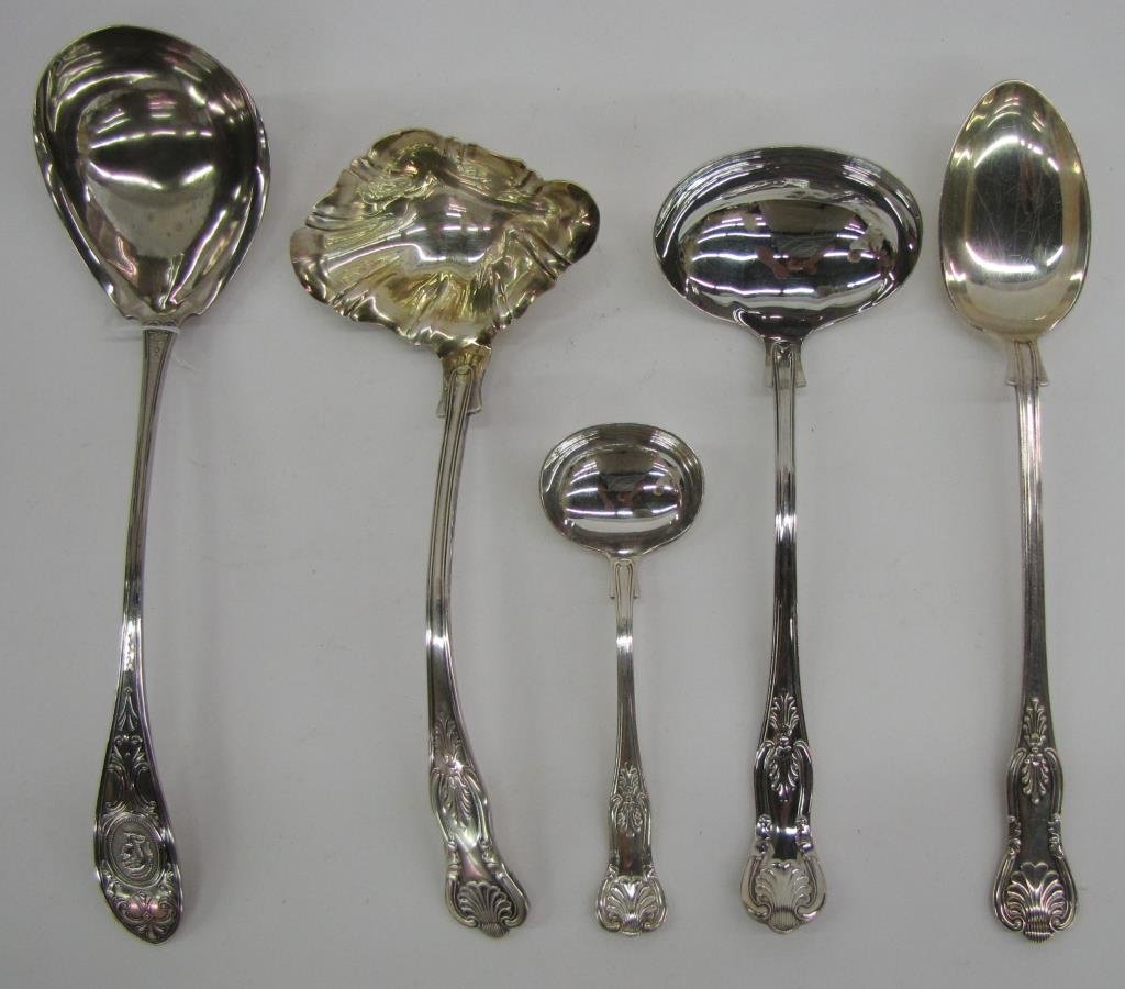 Group of Plated and Coin Silver Ladles: Group of plated and coin silver ladles, including five items including, soup ladle with soldier embossed medallion, soup ladle with gold wash bowl, Sheffield soup ladle with shell handle, English vege
