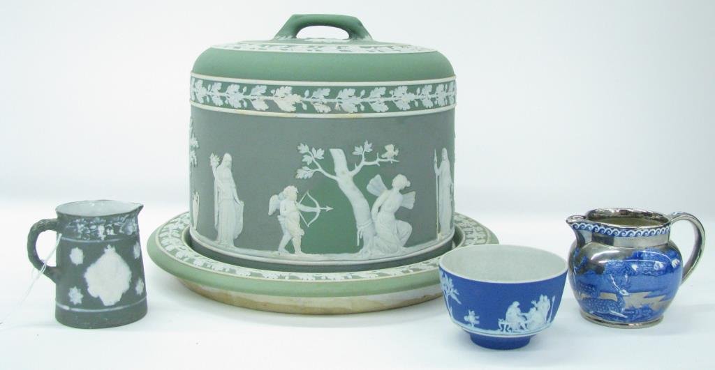 Group of Wedgwood, Jasperware Porcelain: Group of Jasperware porcelain, all with Wedgwood mark, including domed pastry server 8" high, two cream pitchers, blue demitasse cup
