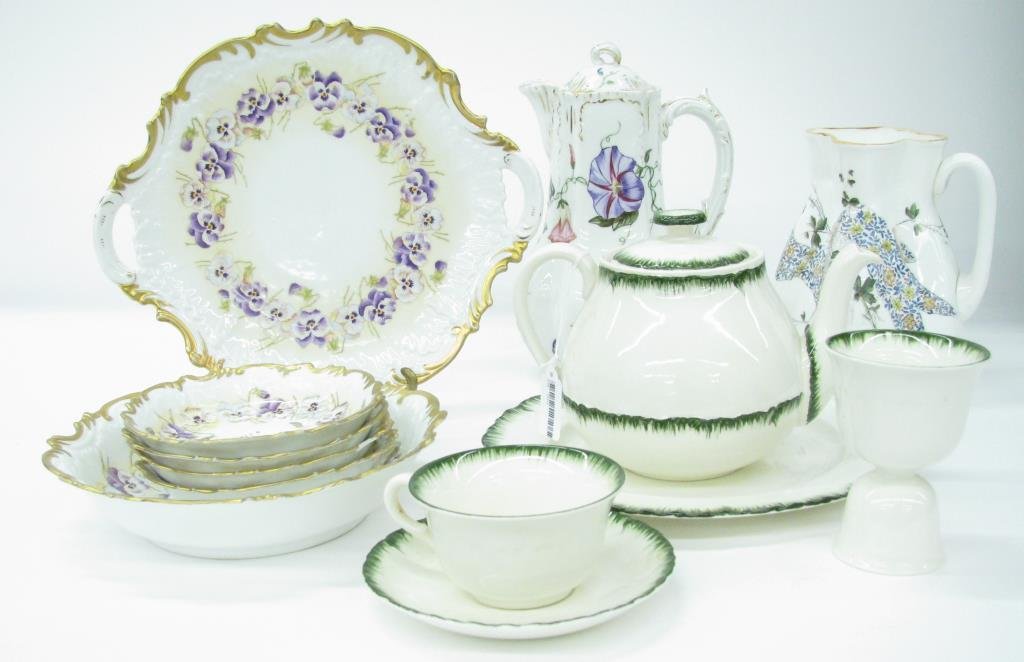 Group of Various Decorated Porcelain: Group of various decorated porcelain, 13 pieces total, 6pc berry set, French porcelain coffee pot, unmarked porcelain pitcher, four pieces of Shell Edge Wedgwood including plate, teapot, cup and sauce