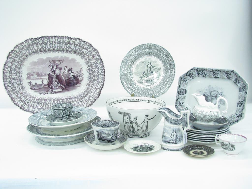 Group of Antique Transferware Porcelain: Group of Antique Transferware Porcelain, mulberry, black, purple, and gray on white, approximately 26 items, including large meat tray, small trays, bowls, creamers, cups and saucers, pedestal cheese