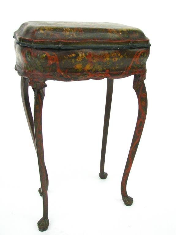 Antique Papier Mache Sewing Stand: An antique papier mache sewing stand, polychrome floral and figural decoration, curved legs, circa late 18th century, 28.5" high x 13" x 17.5"