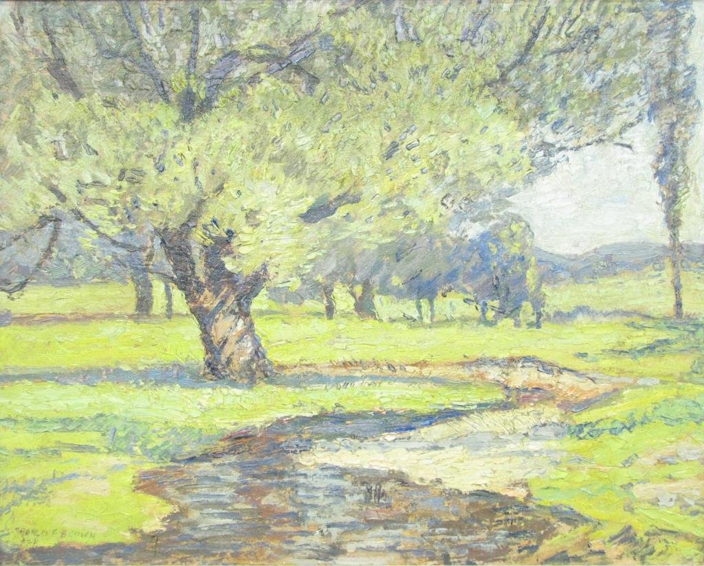Francis F Brown 16x20 O/B Landscape with Creek: Francis Focer Brown (IN, 1891-1971) 16 x 20 oil on board, signed lower left and dated '26 (1926), landscape with creek