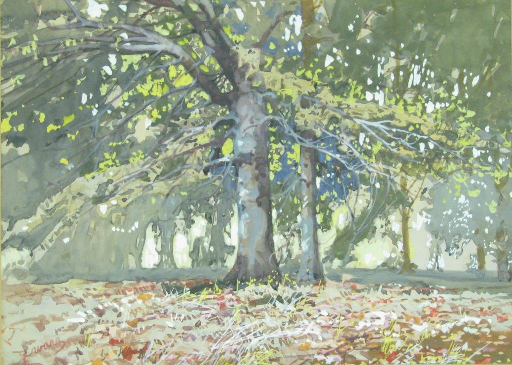 John Zwara 10.5x14.25 WC Interior Woods: John Zwara (IN, 1880 - 1951) 10.5 x 14.25, watercolor, signed lower left, depicting an autumn interior woods, size as framed 17 x 21