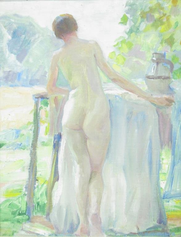 Wm Wiessler 14x11 O/B Nude Study: William Wiessler, Jr (OH, 1887 - 1975) 14.5 x 11.5 oil on board, signed lower right, depicting a nude female