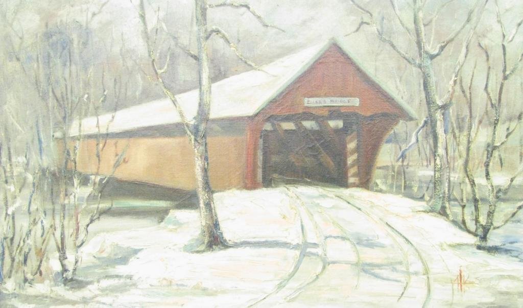 Amanda Kirby 18x30 O/C "Eller's Bridge": Amanda Eller Kirby (IN, 1924-2009) 18 x 30 oil on canvas, signed lower right, depicting Eller's Bridge, a covered bridge in Hamilton County, IN, destroyed by fire in 1957