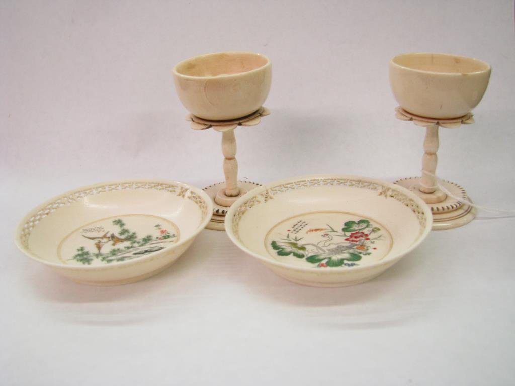 Group of Decorative Ivory: Group of decorative ivory, including pair of painted saucers, 3" diameter, and pair of chalices with balls inside, 2.5" high