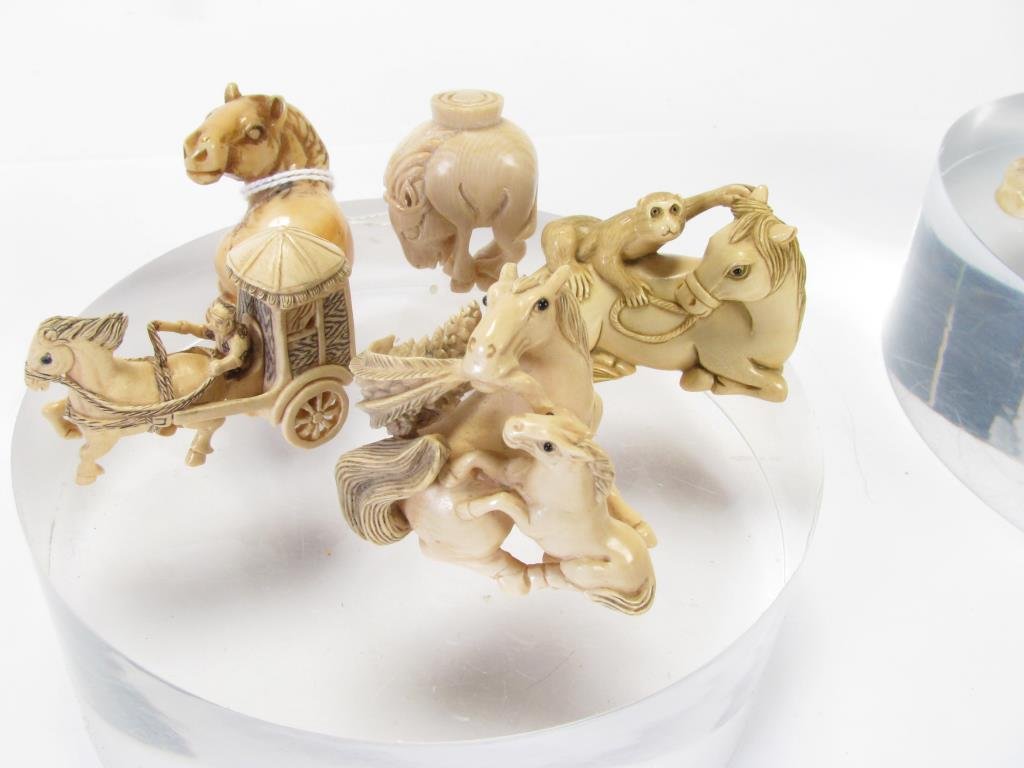 Group of Ivory Carvings, Netsuke: Group of ivory carvings, five items, including 3 signed netsuke figures, signed miniature horse and wagon, and unsigned horse carving